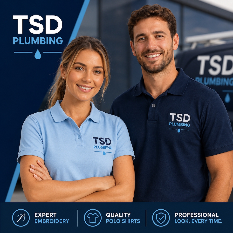 Professional Embroidery & Printing Services in Basingstoke Professional embroidery and printing services in Basingstoke featuring branded light blue and navy polo shirts for personalised workwear and business uniforms.